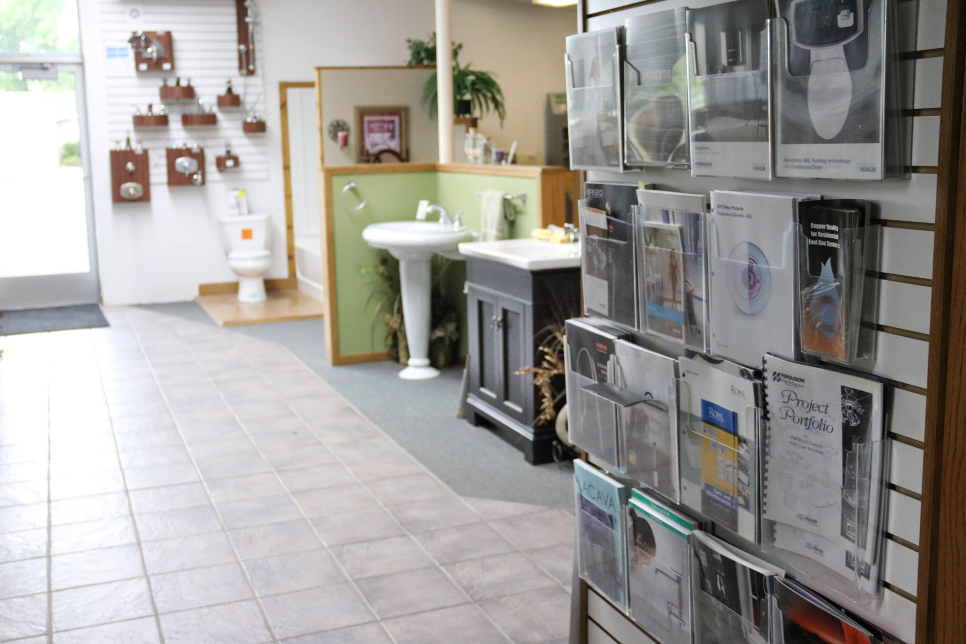 Bathroom showroom brochures and displays.